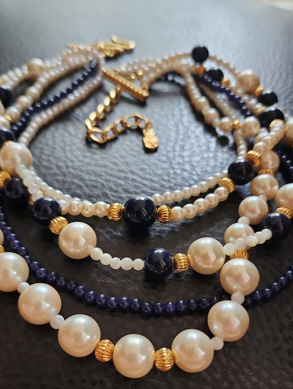 Elegant Liz Claiborne Pearl & Navy Beaded Multi-Strand Necklace